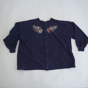 Vintage Morning Sun Navy Floral Embroidered Button Cottage Prairie Cadigan M